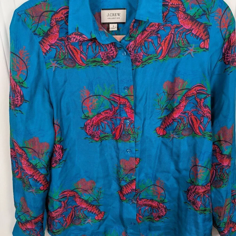 J.Crew | Blue Lobster Print Silk Button Down Shirt Size 2